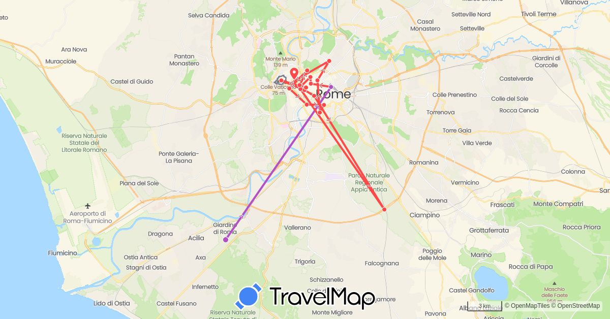 TravelMap itinerary: train, hiking in Italy, Vatican City (Europe)